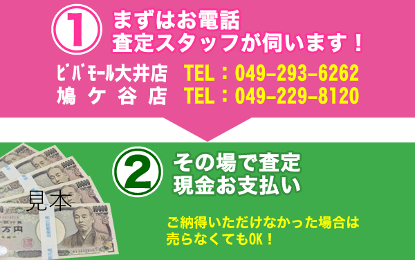 ①まずはお電話　査定スタッフが伺います！　②その場で査定　現金お支払い